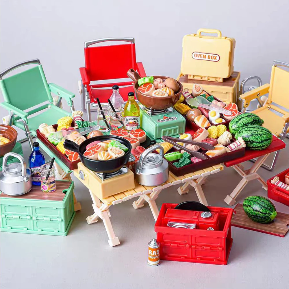 Kinder Simulation Outdoor Camping Tische Set Mini Outdoor Klappstühle Karte Öfen Ausrüstung Miniatur Möbel Geschenk