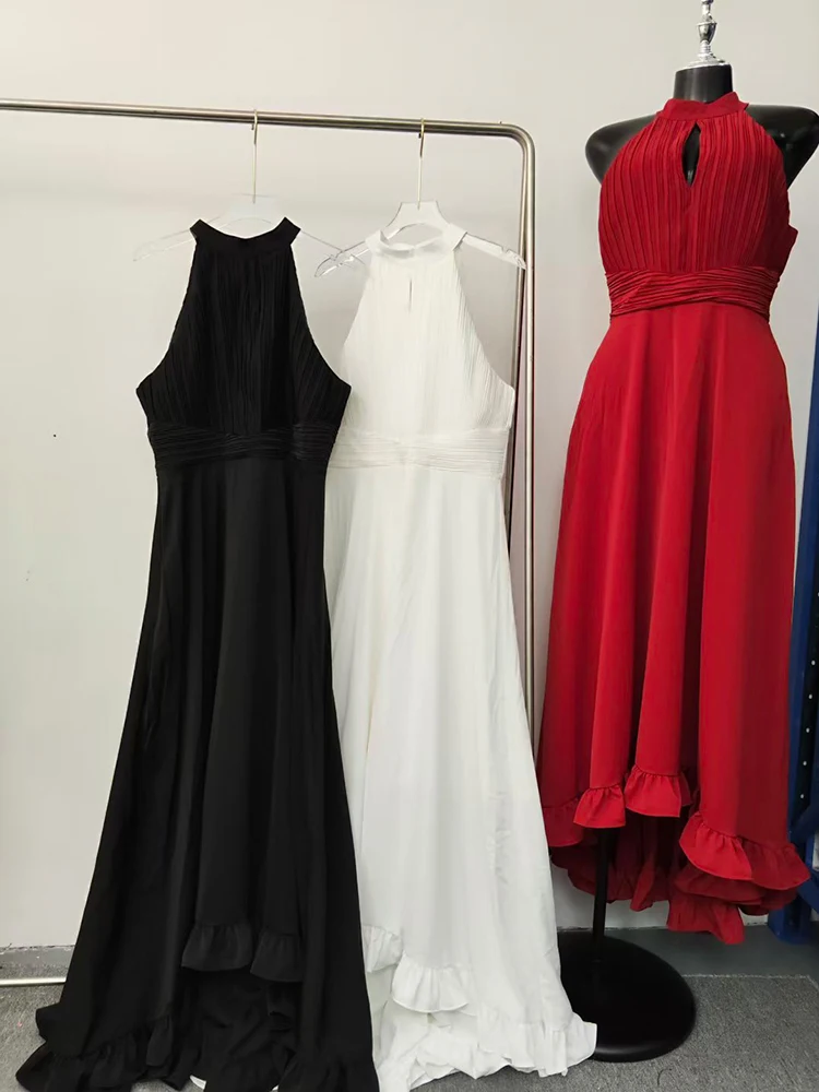 Designer retro sexy strapless sleeveless neck openwork pleated waist dress summer women's fashion loose fluffy skirt.