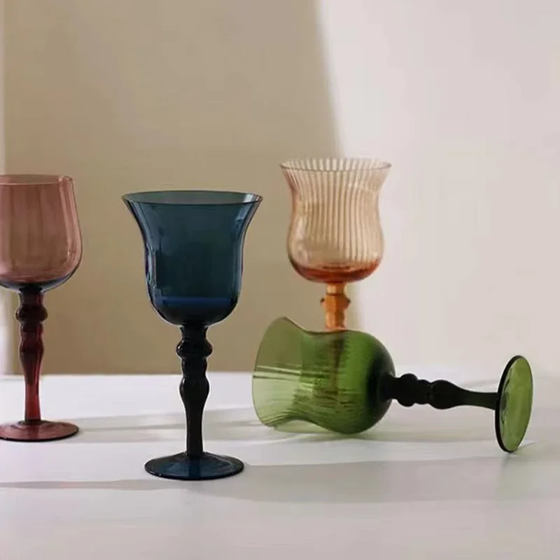 Vintage Medieval Goblet Wine Glass Green Cobalt Blue Amber Roman Column Design Champagne Cup for Home French Style Wedding