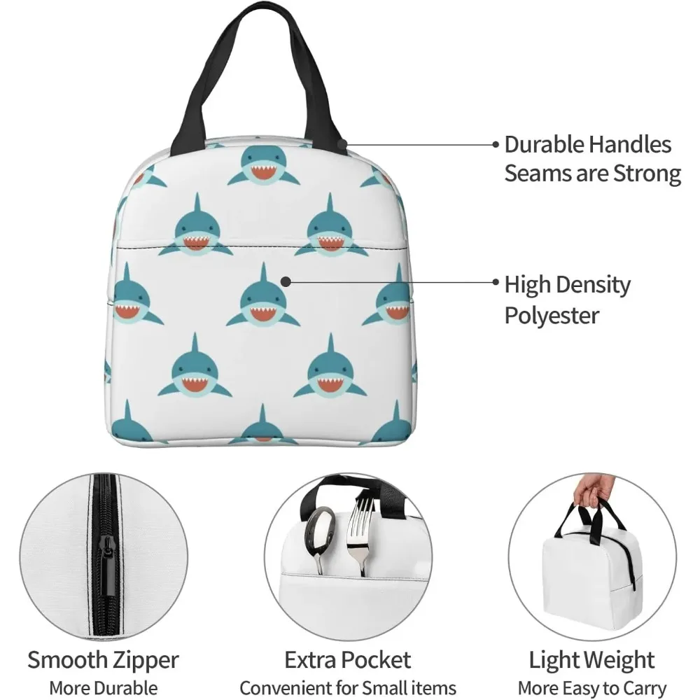 حقيبة غداء كرتونية لطيفة على شكل قرش للنساء والرجال، حاوية علب غداء معزولة على شكل سمكة قابلة لإعادة الاستخدام مع جيب أمامي للعمل والنزهات والسفر #6