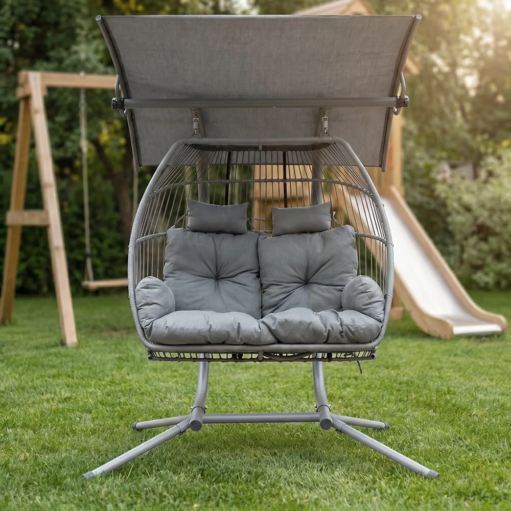 

J&M Outdoor L105B High Quality PE Rattan Wicker Swing Chair Oversized 2 Person Egg Shape Swing With Headrests And Cushion