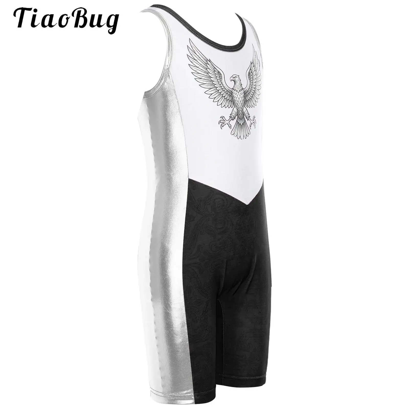 Kids Boys Eagle Print Wrestling Rompers Sleeveless Patchwork Singlet Leotard Theme Party Boxing Bodysuit