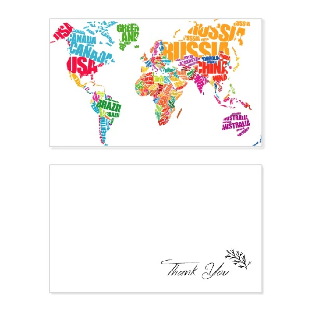 Mutlicolour World Map Countries Name Thank You Card Birthday Paper Greeting Wedding Appreciation