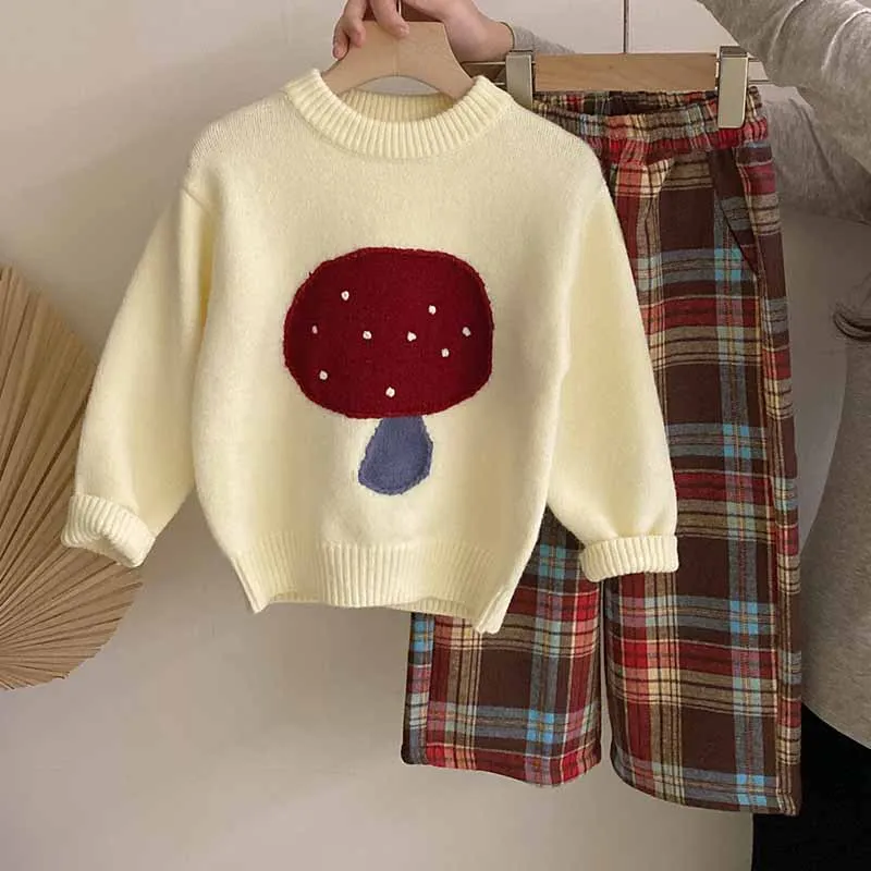 Girls Suit 2024 Winter New Childrens Wear Korean Style Girl Baby Cartoon Mushroom Sweater Plus Fleece Plaid Pants Two-piece Set