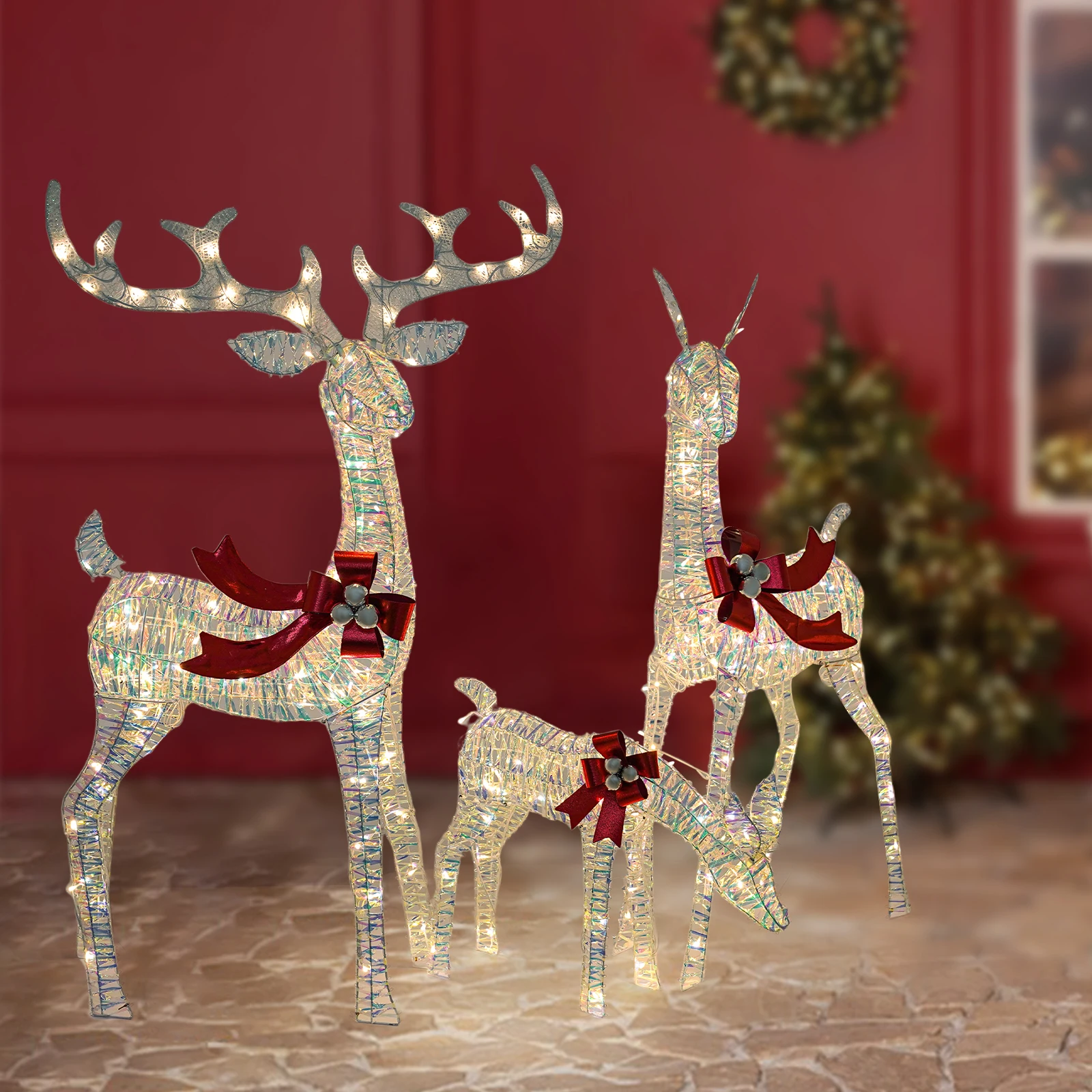 Reindeer Decor Glowing Christmas Deer Ornament Set with LED Lights Christmas Decor Iridescent Deer