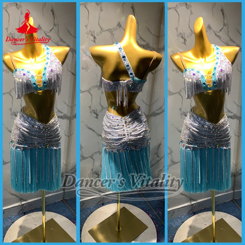 Chacha Samba Women Sexy Bra Style+Wrapped Hips Fringed Skirt 2-piece Suit Latin Dance Contest Clothing Custom Dancer's Vitality