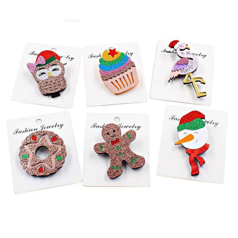 Donut Brooch safety pin Christmas Brooch Glitter Galaxy Breadman Owl Snowman Flamingo Acrylic Brooch