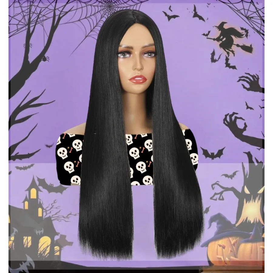 شعر مستعار أسود طويل مستقيم الجزء الأوسط 26 بوصة شعر مستعار صناعي بديل لمهرجان الهالوين والحفلات التنكرية بمظهر واقعي #3