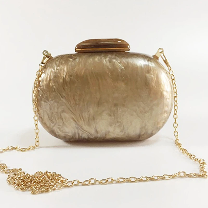 Bolso de mano de acrílico de lujo para mujer, bandolera de hombro con cadena, redondo, mármol, dorado, perla, fiesta de noche, boda, nuevo