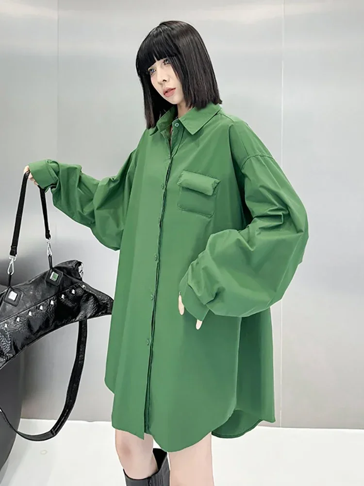 XITAO Einreiher Drehen-unten Kragen Tasche Frauen Hemd Einfarbig Lose Mode Abnehmen Alle Spiel Casual 2025, Herbst LJ1027