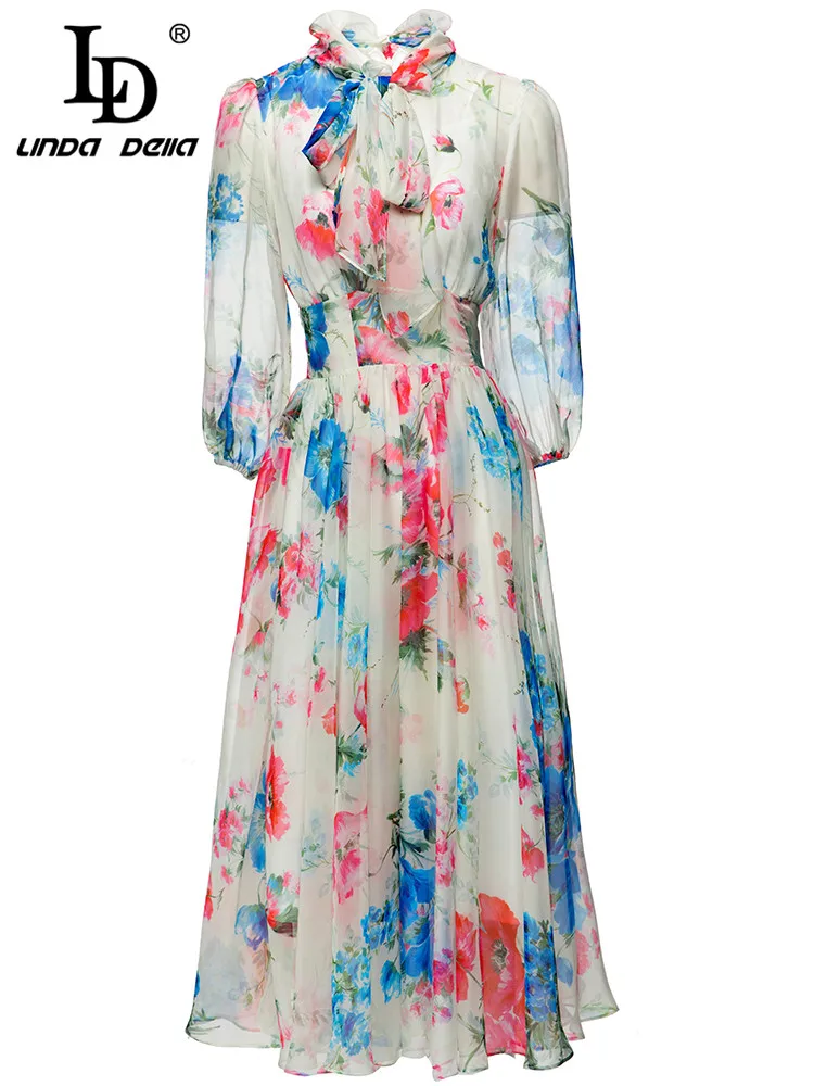 

LD LINDA DELLA 2023 Summer Fashion Runway Chiffon Long Dress Women's Lantern sleeve Elegant Floral Print Party holidays Dress