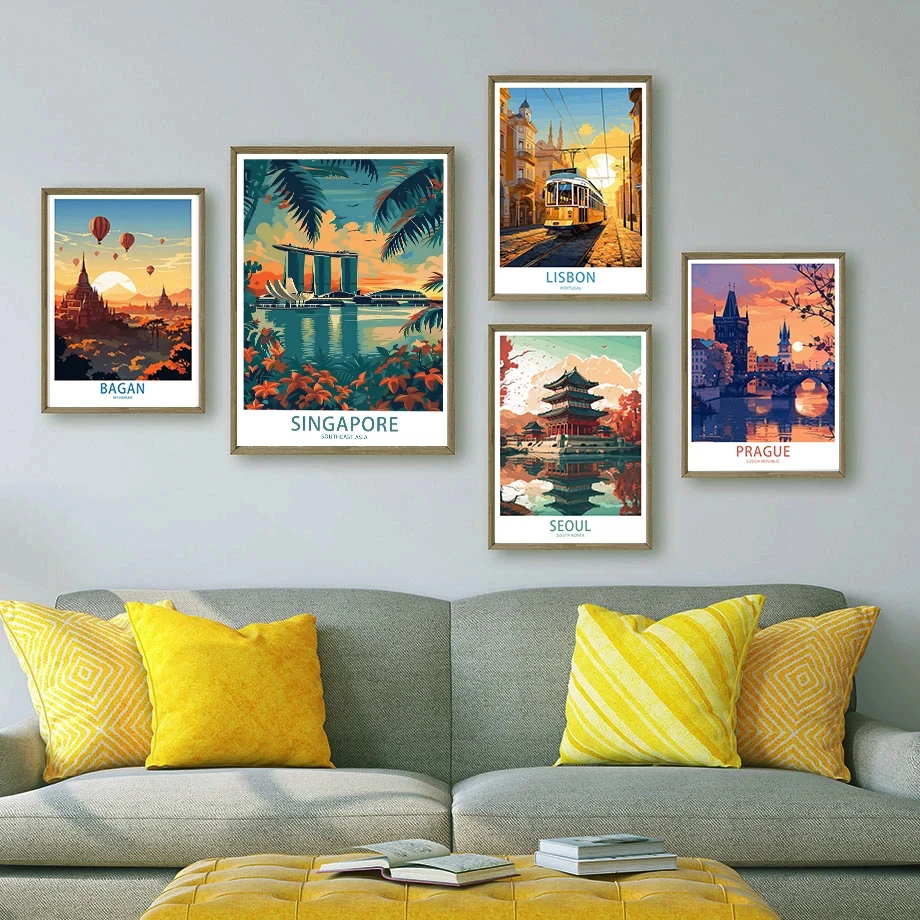 Fujiyama Hot Air Balloon Coastal City City Street Sunset View Fashion Wall Art Canvas Painting Nordic Poster Room Decor