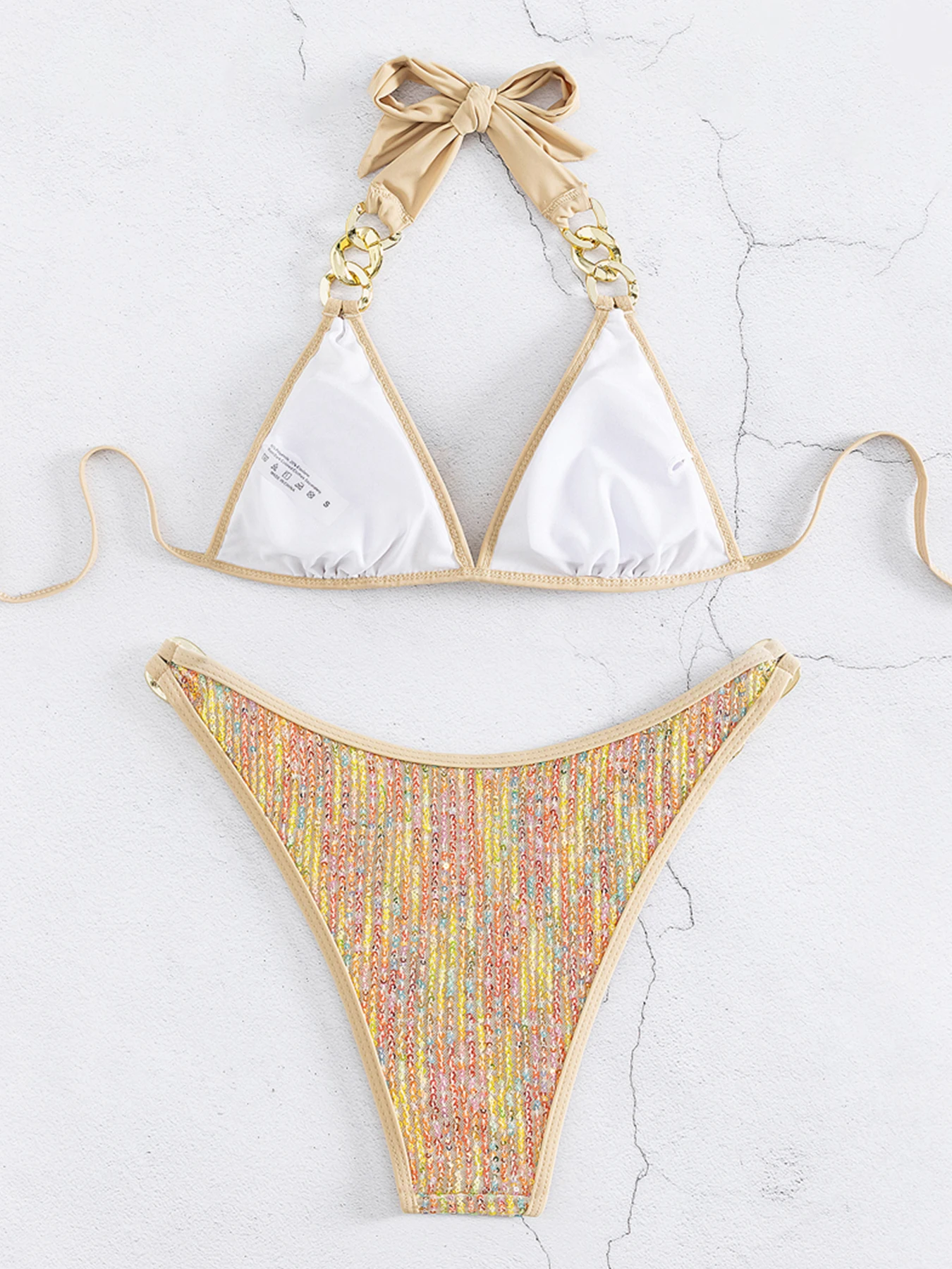 Conjunto de Bikini con lentejuelas para mujer, traje de baño Sexy con cuello Halter y realce, ropa de baño para mujer, ropa de playa para verano 2024