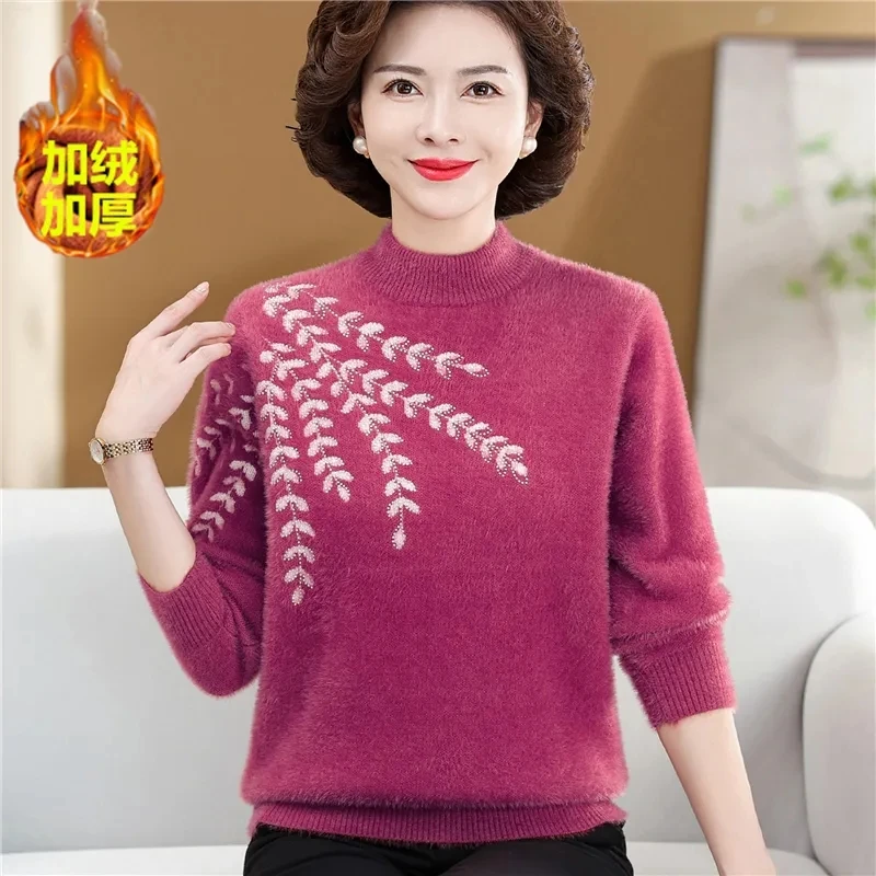

Pullover Plush Knit Sweater Mother's Winter Outfit With Plush Thick sweater Warm Top Middle-Aged Elderly Women's Autumn Fleece