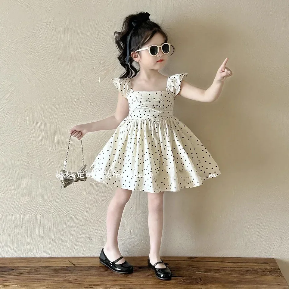 Dresses Kid Girl 2025 Summer New Style Cotton Flutter Sleeves Polka Dot A-line Sweet Fashion Princess Casual Birthday Party