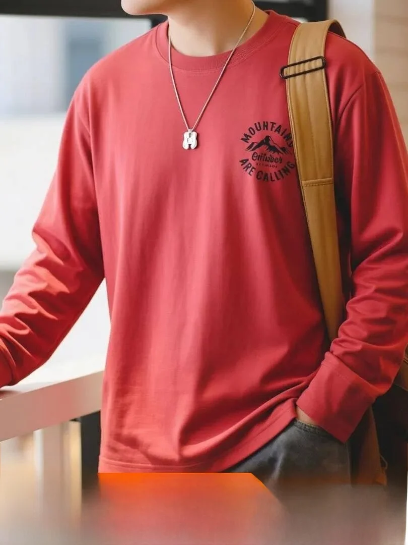 American Style Ameika Wind Pure Cotton Technology Flocking Heavyweight round Neck Base Shirt Autumn Winter New Long Sleeve T-...