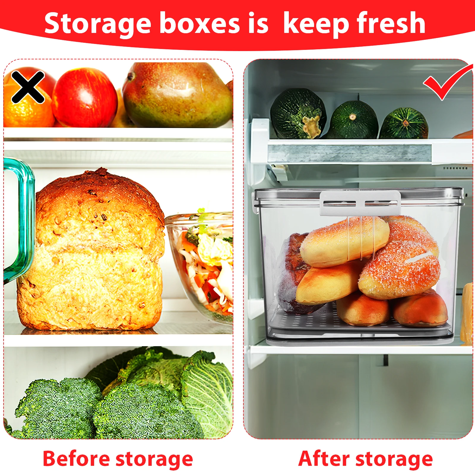 

Food Storage Box Transparent Fresh-Keeping Organizer Large Capacity Vegetable Fruit Container Timer 4-Sided Locking Kitchen