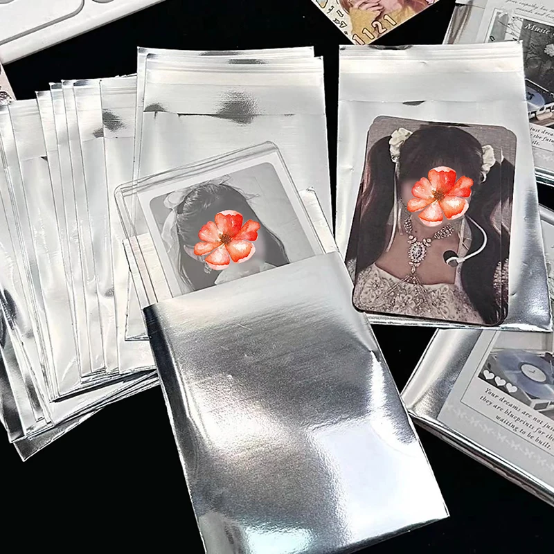 50pcs Mirror Silver Photocard Sleeves Self-adhesive Card Cover Idol Photo Packaging Bag Self Sealing Bag Gift Card Protector