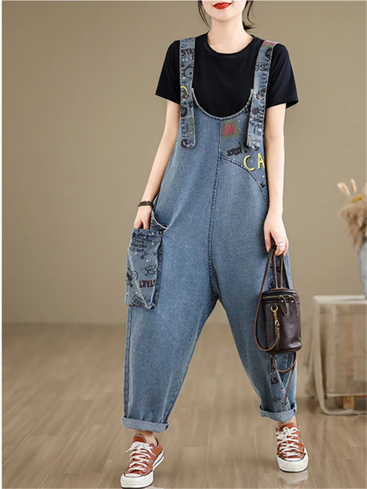 Fashion Streetwear Denim Jumpsuit Women Vintage Printed Loose Jeans Overalls Pockets Wide Leg Cargo Baggy Pants 2024 Spring New