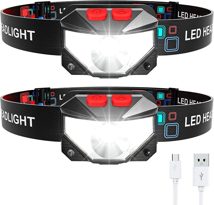 LED Headlamp with White Red Light 2 Pack Motion Sensor LED Headlight Head Light Rechargeable Head Torch Waterproof for Camping