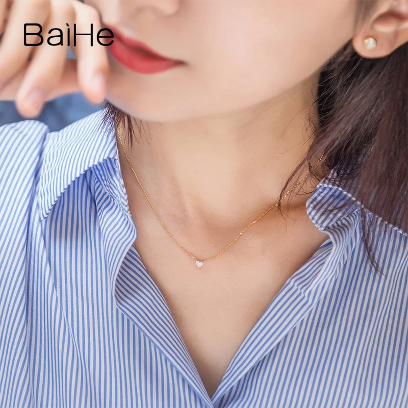 BAIHE Solid 18K Yellow Gold 0.12ct H/SI Natural Diamond Heart Necklace Women Trendy Wedding Fine Jewelry دل کا ہار قلادة القلب