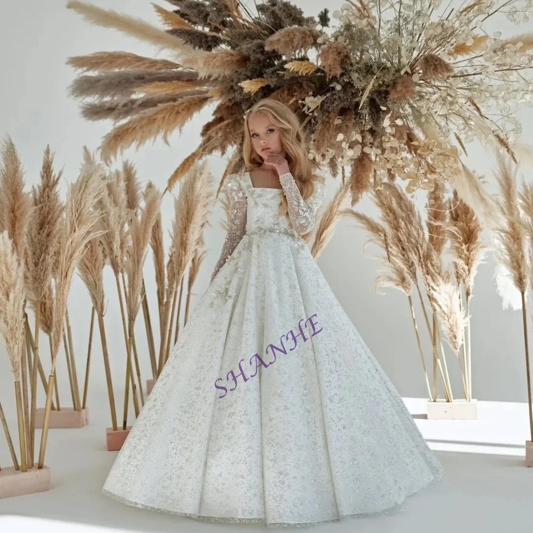 ชุดเดรสเด็กผู้หญิงงานแต่งงาน แขนยาว ประดับเลื่อมสวยงาม แต่งระบายฟูฟ่อง สำหรับงานเลี้ยงวันเกิด งานเต้นรำ หรืองานอื่นๆ