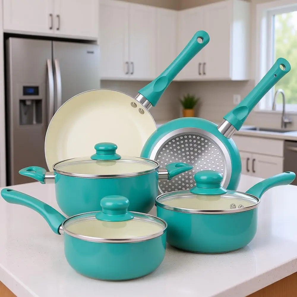 

11-Piece Nonstick Induction Cookware Set with Cool Handle and Bamboo Utensils, Turquoise