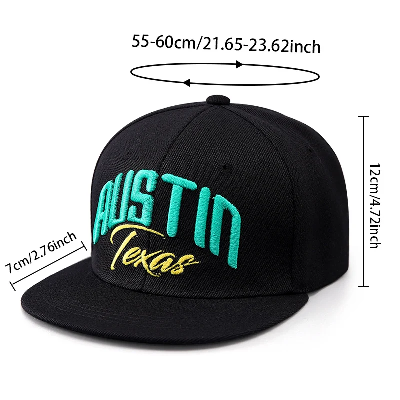 Boné de beisebol clássico bordado com letras Austin, chapéu hip-hop de aba plana, chapéu de dança de rua moderno, chapéu de skate legal, unissex, tamanho ajustável, adequado para acessórios de moda de estilo de rua diário