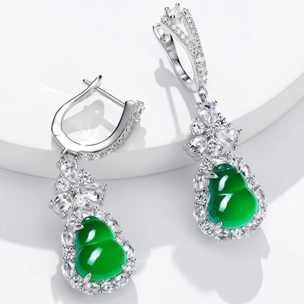 Wong Rain Vintage 100% 925 Sterling Silver 9*11 MM Natural Green Jade High Carbon Diamond Gems Drop Dangle Earrings Fine Jewelry