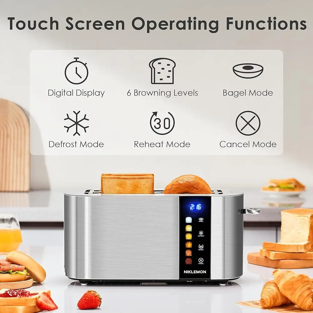 4 Slice Toaster Stainless Steel Touch Screen Toaster LED Display Extra Wide Slots Bagel Defrost Reheat Cancel Functions Easy