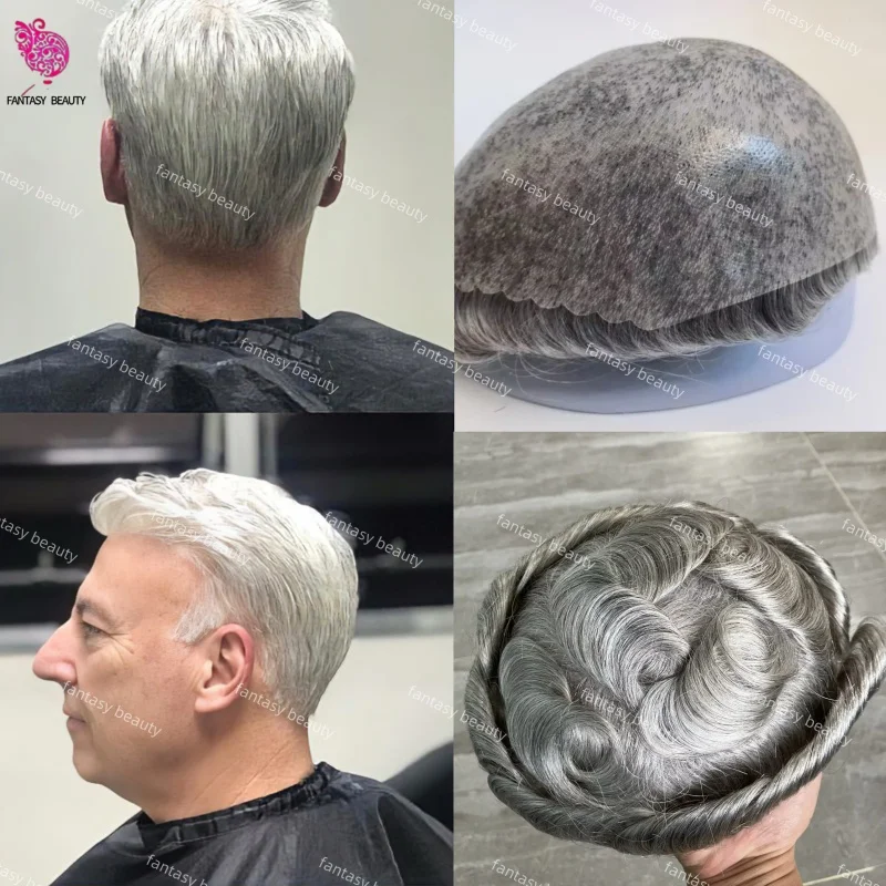 

Natural Hairline Microskin 0.1mm pu Men's Wig #1B65#1B80#1B50 Black white gray human Prosthesis hair toupee for men