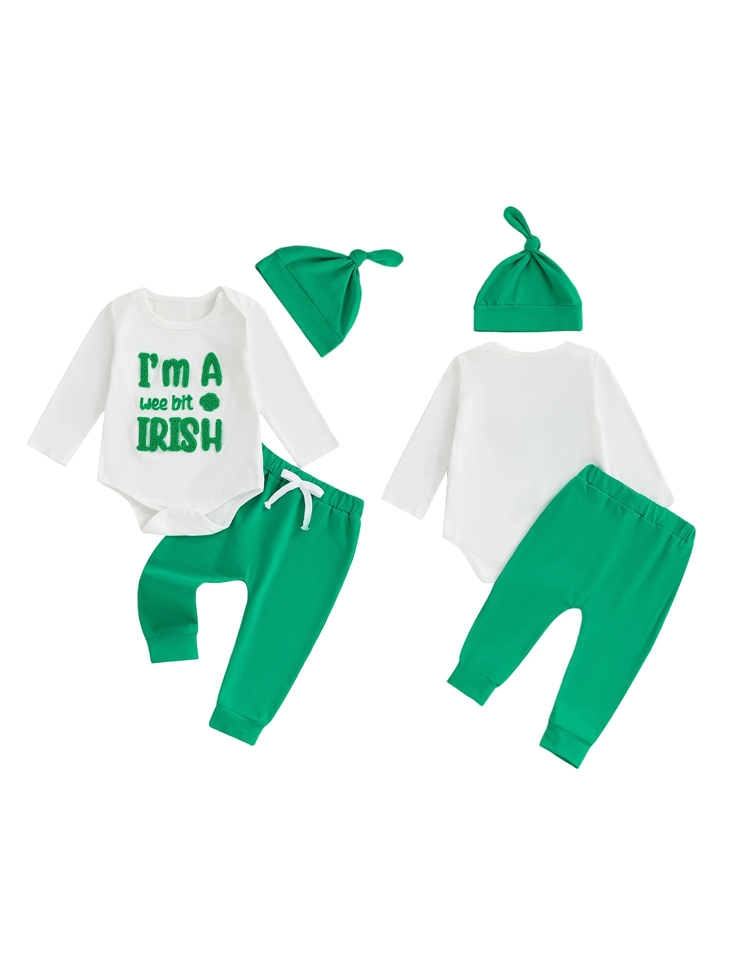 طقم ملابس للأطفال الأولاد مكون من 3 قطع مع بدلة قطعة واحدة بأكمام طويلة مطرزة من Lucky Clover وسروال أخضر وقبعة متنسيقة