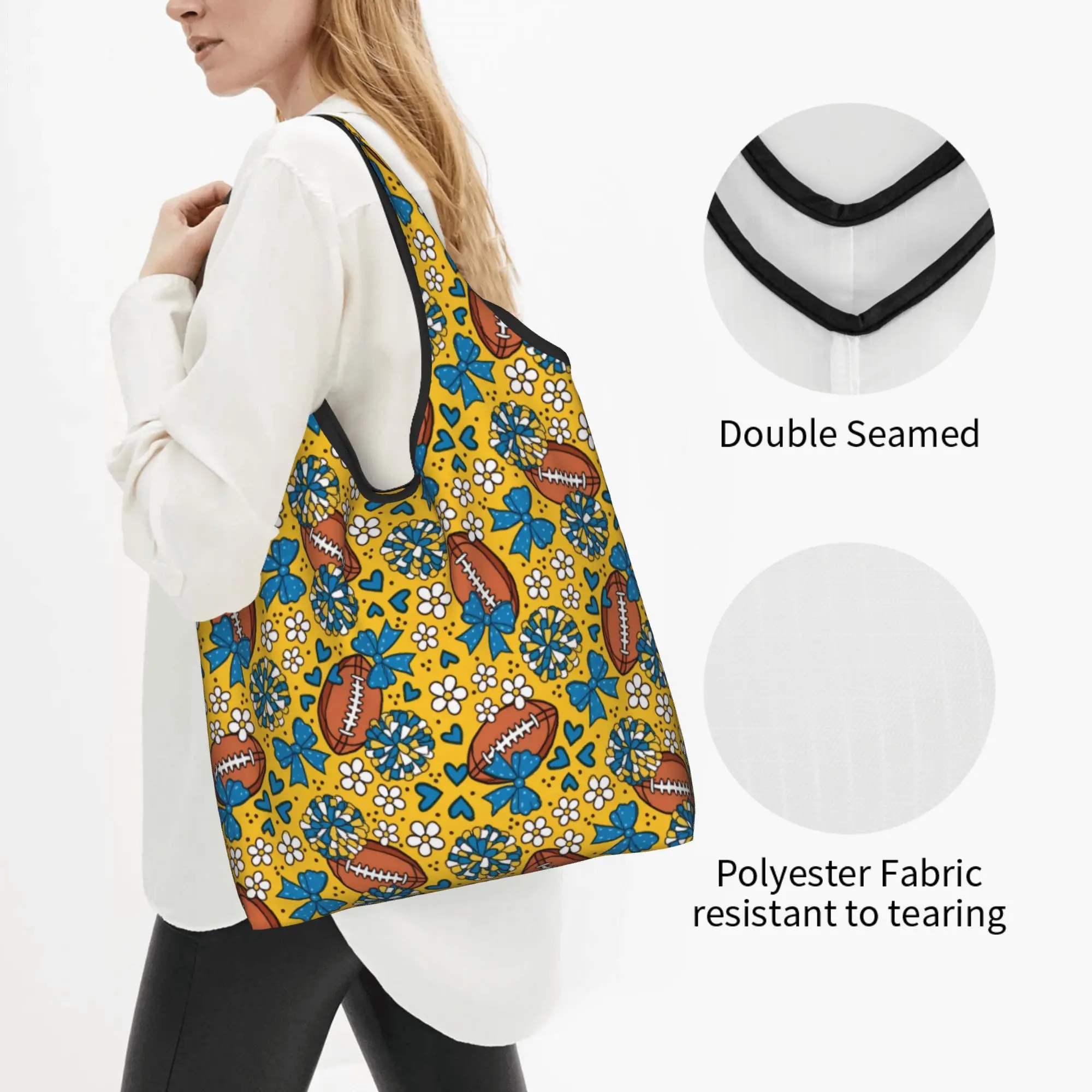 Recycling Yellow Blue Rugby Union Cheer Bows  Shopping Bag Women Tote Bag Portable Football  Grocery Shopper Bags