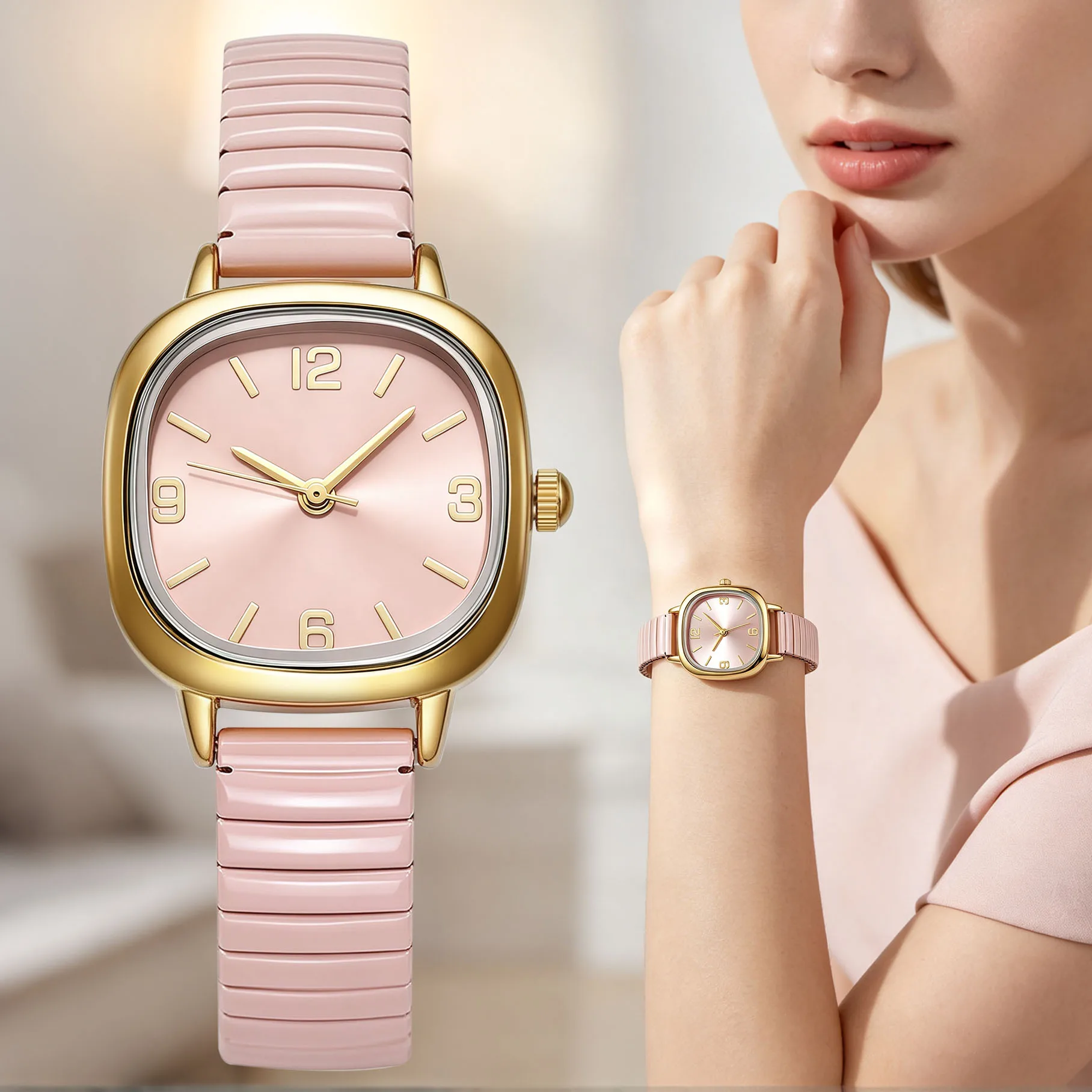 Reloj de pulsera cuadrado minimalista para mujer, con movimiento de cuarzo, caja cuadrada redondeada de aleación dorada, indicadores de números arábigos y correa elástica. Reloj para damas.