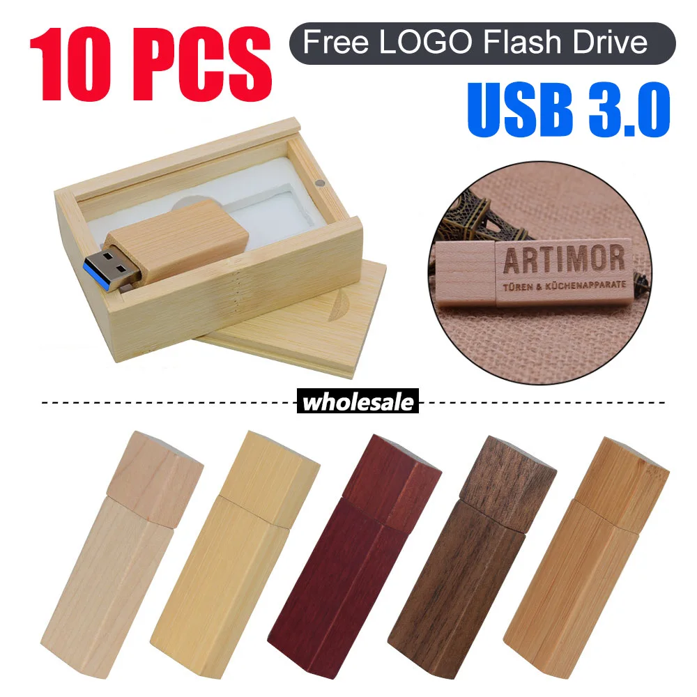 10 buah/lot stik memori USB 3.0, Flash Drive kayu Logo kustom 128gb 64gb 32gb 16gb 8gb untuk Hadiah Spesial