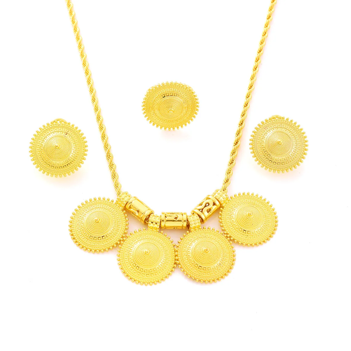 Golden Color Ethiopian Jewelry sets Four Pendant Earrings Ring 3-Piece Set African Eritrean Wedding Engagement Ethnic Gifts #135