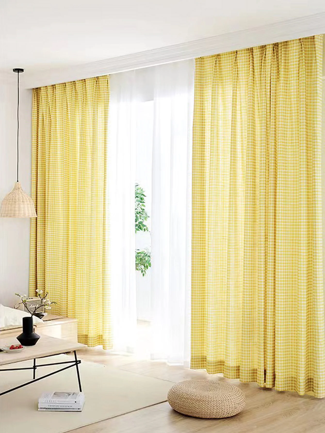Modern Minimalist Home Yellow and White Lattice Through Rod Curtains Are Suitable for Daily Decoration of Living Room, Bedroom