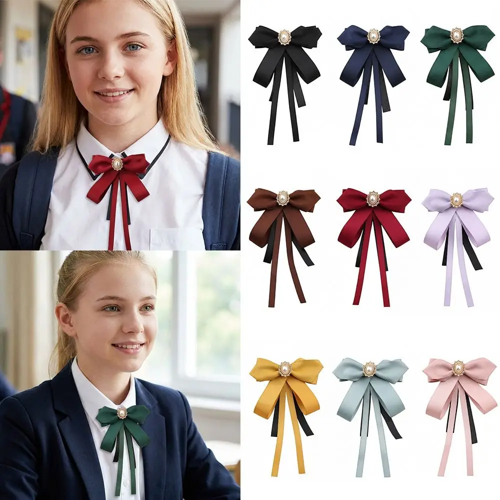 Fashion Ribbon Bow Tie Brooch Crystal Rhinestone Pearl Bowknot Brooches Solid Color School Uniform Accessories Female
