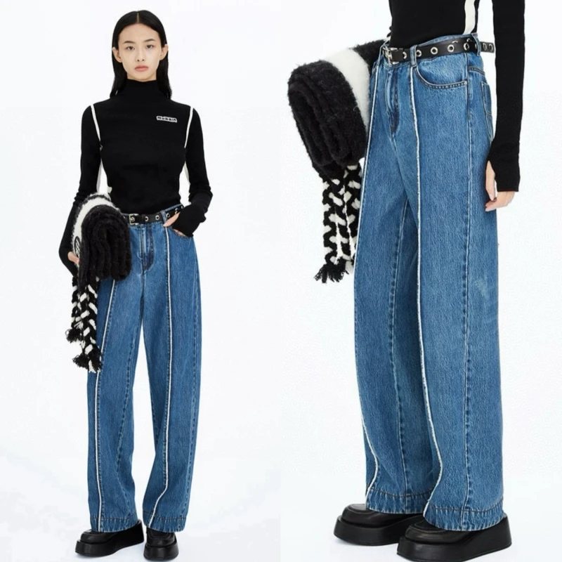 Women 2024 Early Autumn Three-dimensional Tailoring and Splicing Raw Edge Straight Jeans