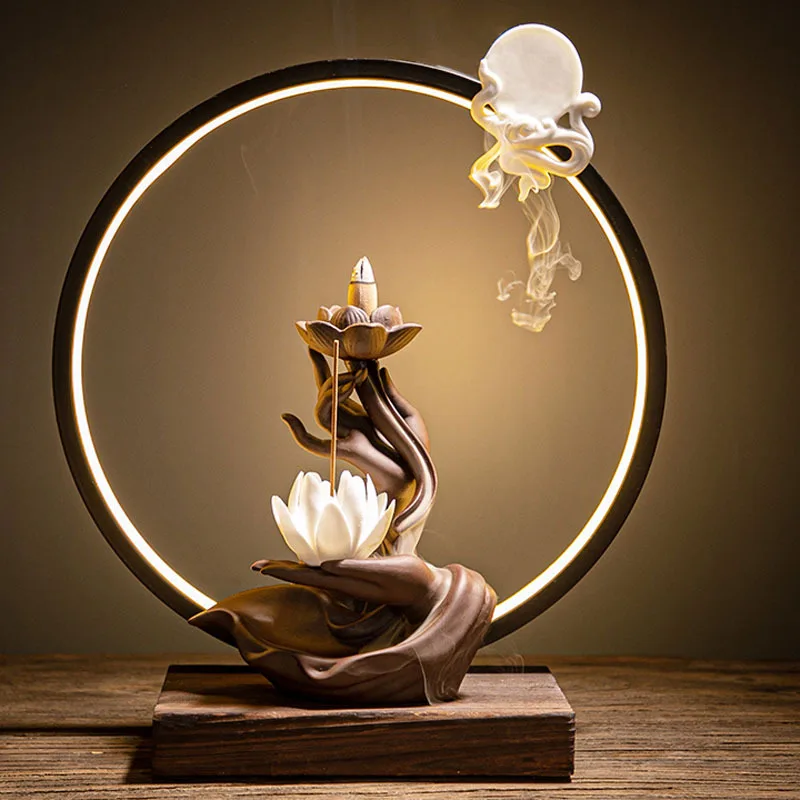 With 20Cones Buddha Hand Backflow Incense Waterfall Holder Censer Fragrance Stand Ceramic Decoration