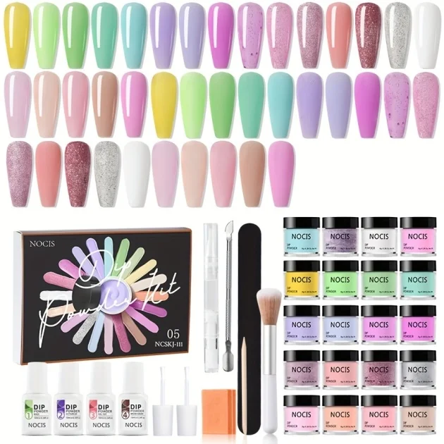 

32pcs Dip Powder Nail Set Featuring 20 Shades Including Glitter, This Kit Comes with Dip Powder Liquids, a Top And Base Coat