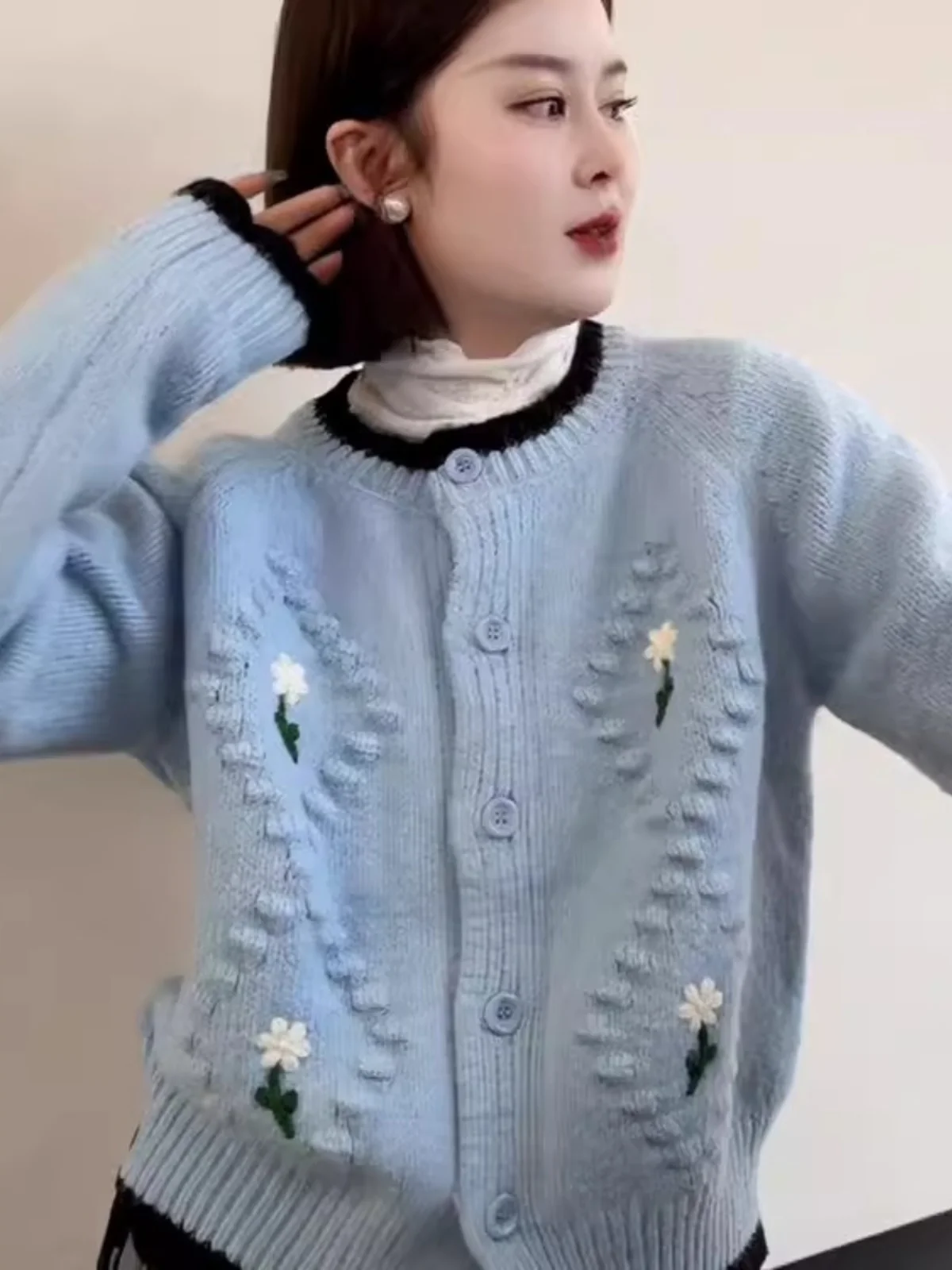 

Мягкий вязаный женский кардиган с цветочной вышивкой, свитер, осенний новый милый дизайн, корейский Sle Long Sve round Ne Top