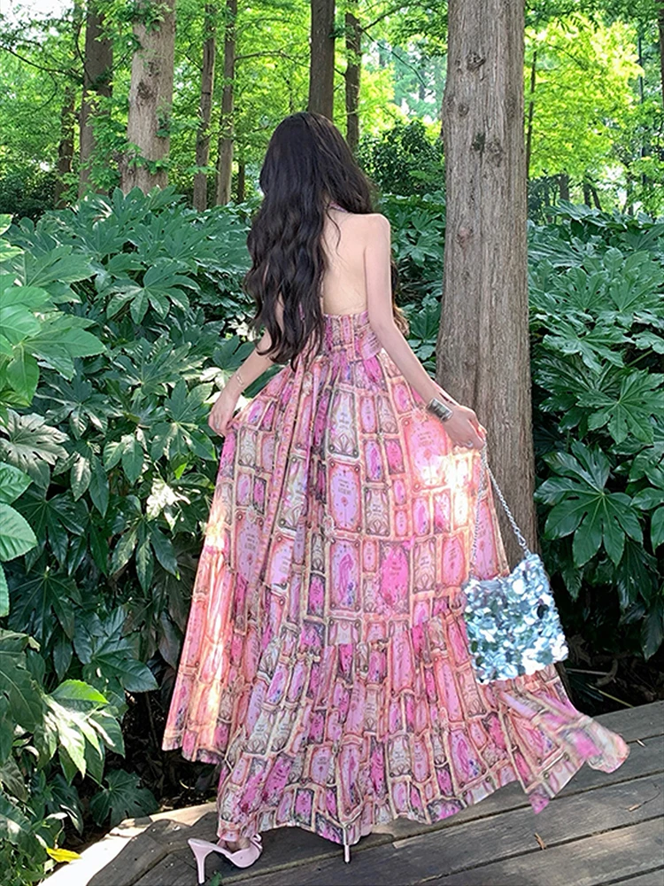 프랑스 스타일 우아한 연회 긴 드레스 섹시한 홀터넥 백리스 꽃 프린트 드레스 여름 해변 휴가 민소매 슬림 롱 드레스