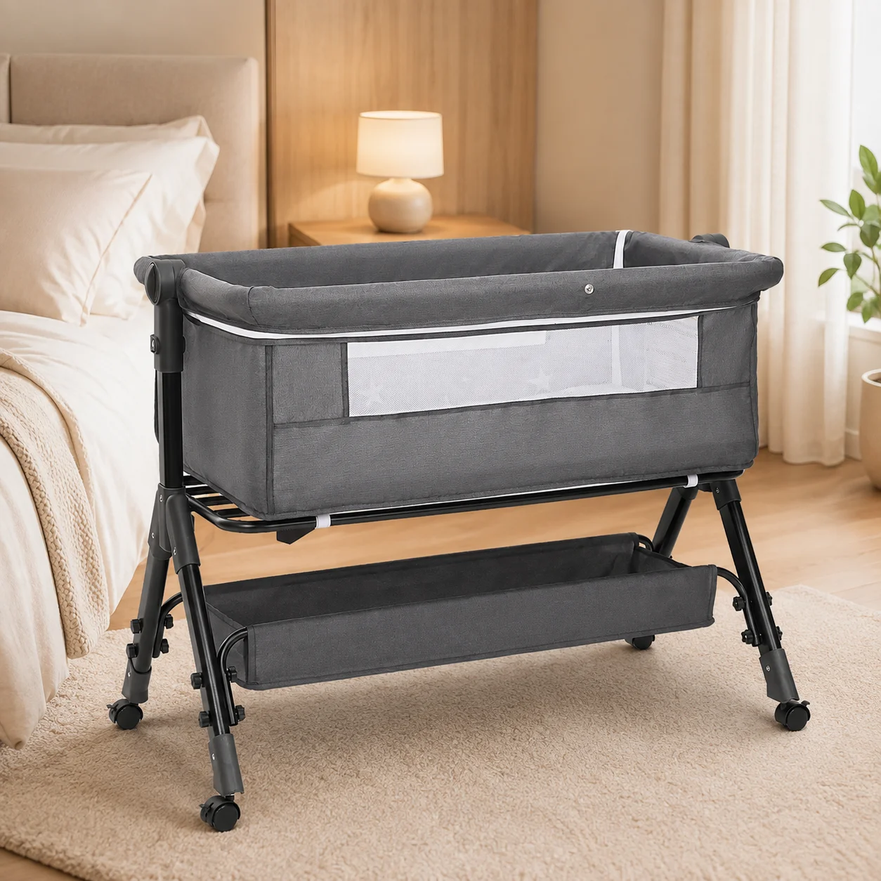 Kmaier Bedside Crib Grey Height Adjustable Baby Bassinet Breathable Mesh Co Sleeper Lockable Wheels Infant Bed For Newborn