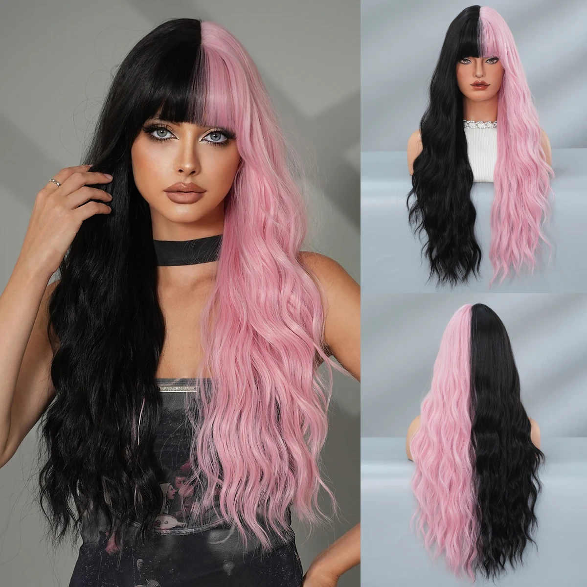 

Long Body Wave Black Ombre Pink Wig for Women High Density Synthetic Heat-Resistant Modest Fashion Wavy Wigs with Neat Bnags