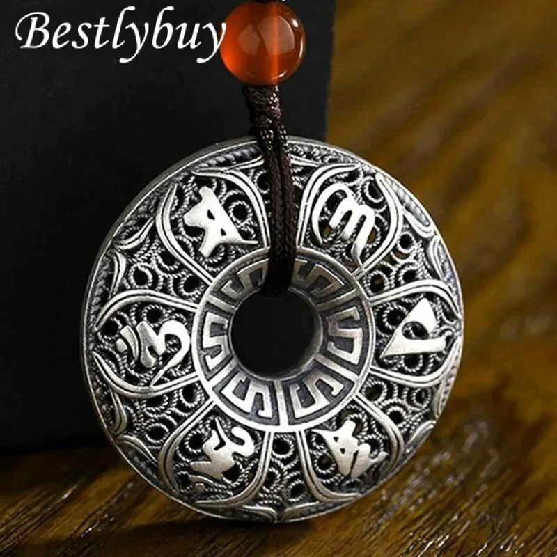 New S999 Sterling Silver Retro Hollow Out  Six Character Mantra Pendant Gift for Men and Women