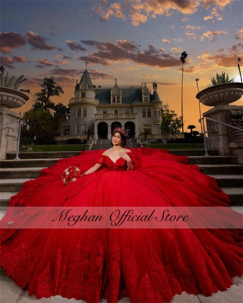 Red Off The Shoulder Quinceanera Dress 2024 Beaded Prom Dress Ball Gown Appliques Puffy Tiered Luxury Sweet 16 15 Customized