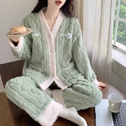 2024 Winter Long Sleeve V-neck Thick Warm Flannel Pajama Sets For Women Korean Loose Coral Velvet Sleepwear Pyjama Home Clothes