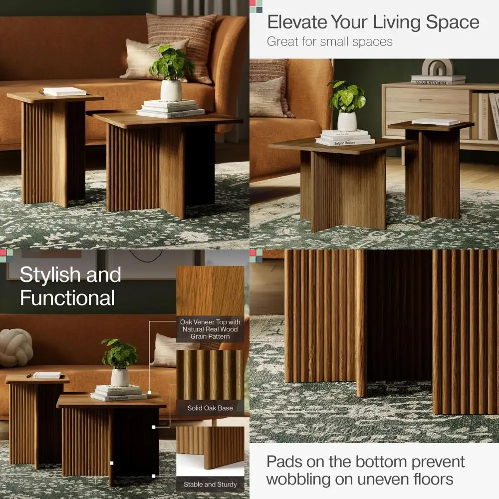 

Набор из 2 предметов из натурального дуба, квадратный рифленый и журнальный столик для гостиной