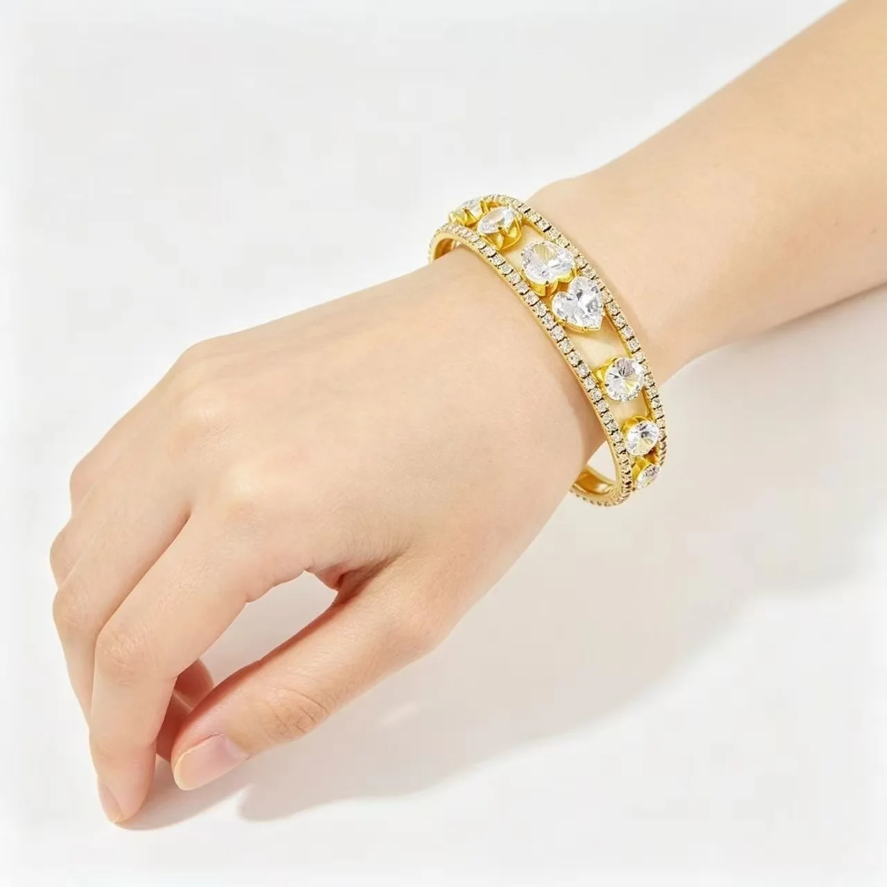 Fashionable and Super Flash Double Row Love Opening Bracelet French Light Luxury Versatile Retro Bracelet Handmade